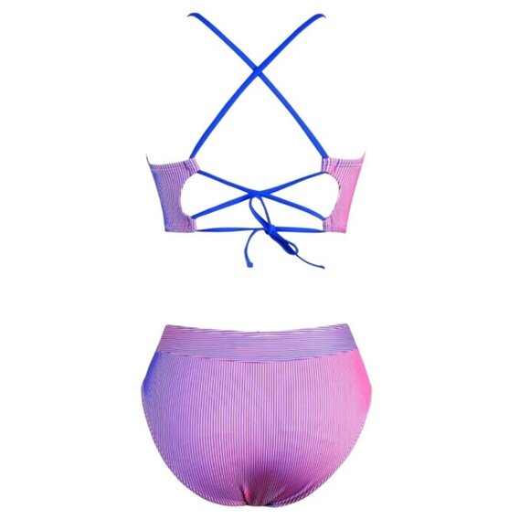 Cupshe XS Striped Bikini Set Blue Magenta 2 Piece V-Neckline High Waist Swimwear - Picture 4 of 8